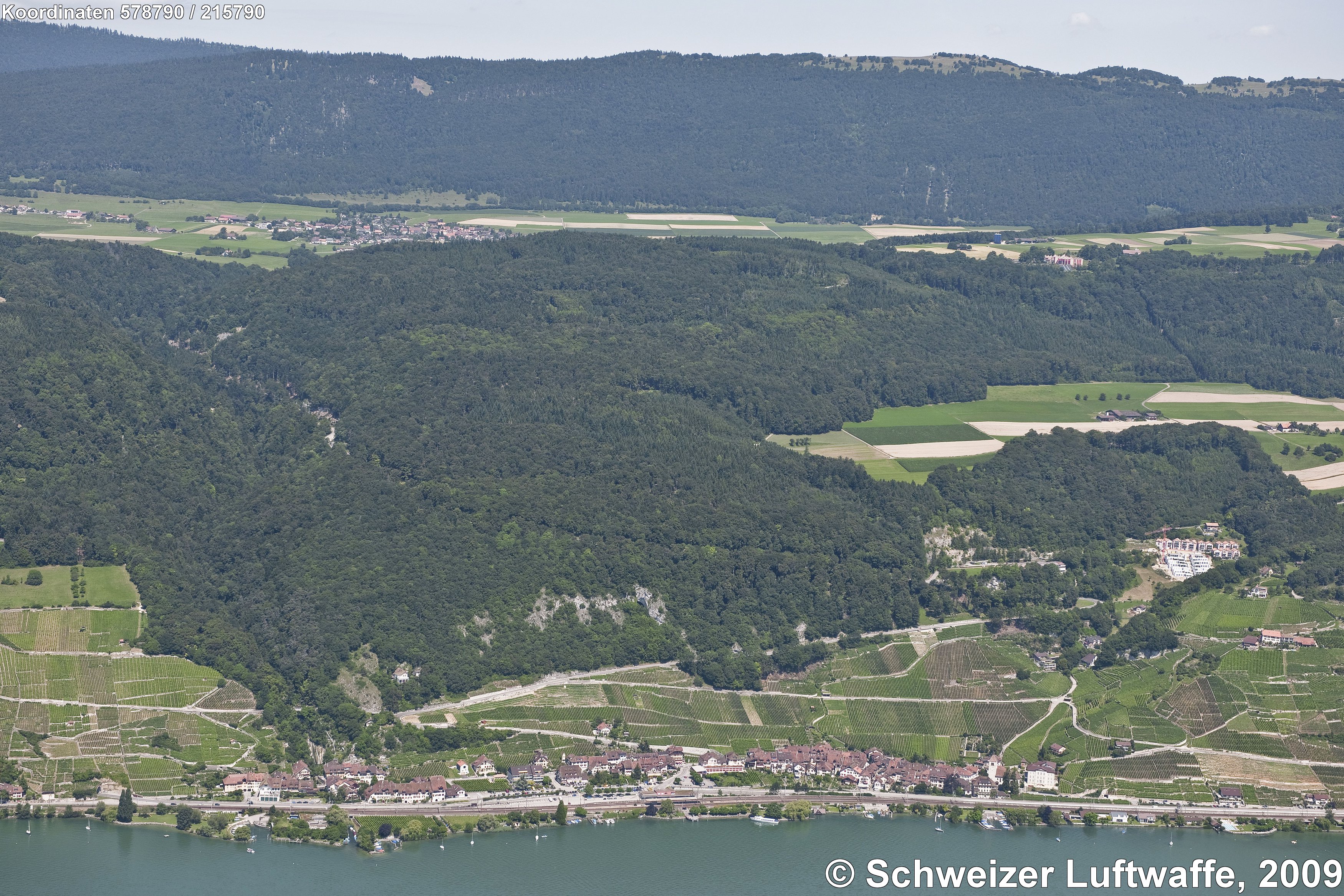 Twann am Bielersee; Ortschaft hinten links: Lamboing. Schlucht im Wald: Twannbachschlucht