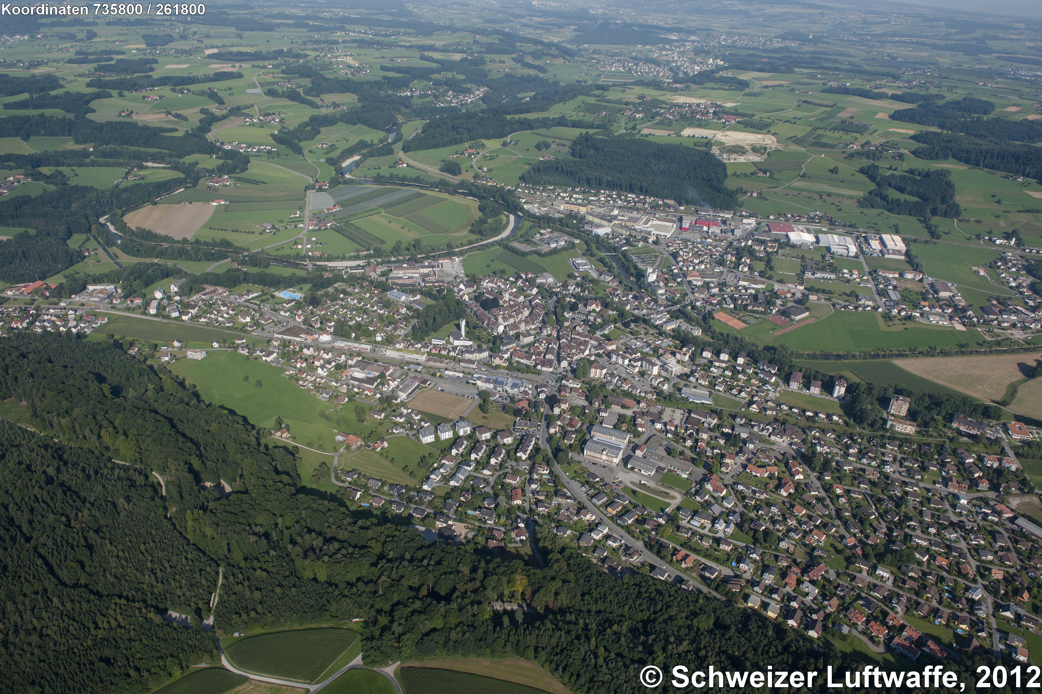 Bischofszell, Blickrichtung W mit Thurschlaufe und Sitter-Einmündung.